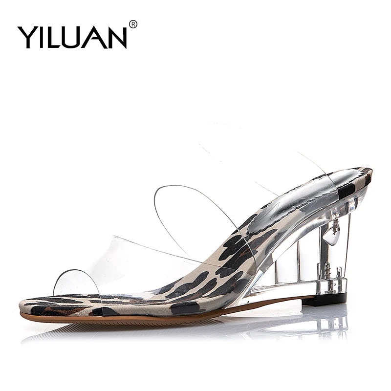 Прозрачные сандалии коллекция 2019 года летние туфли на танкетке женские шлепанцы