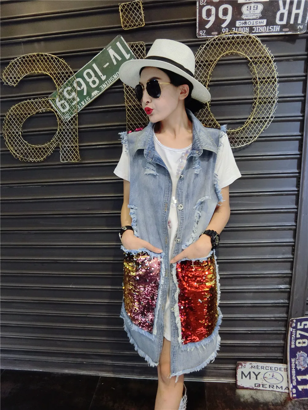 Длинный жилет пальто куртка без рукавов джинсовый зимний летний кардиган