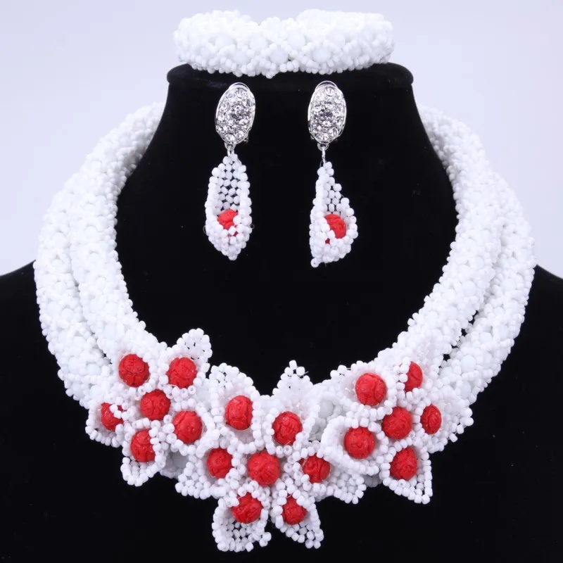 

Wonderful White African Beads Jewelry Set With Handmade Flowers Nigerian Wedding Beads Bib Statement Necklace Set Women Jewelry