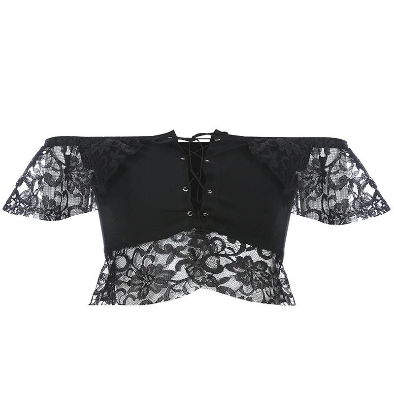 

Sexy Spaghetti Lace-up Puff Sleeve Women Lace Top Sexy Hollow Out Crop Top Strapless Shoulder Summer 2019 V-neck Blouse Shirt