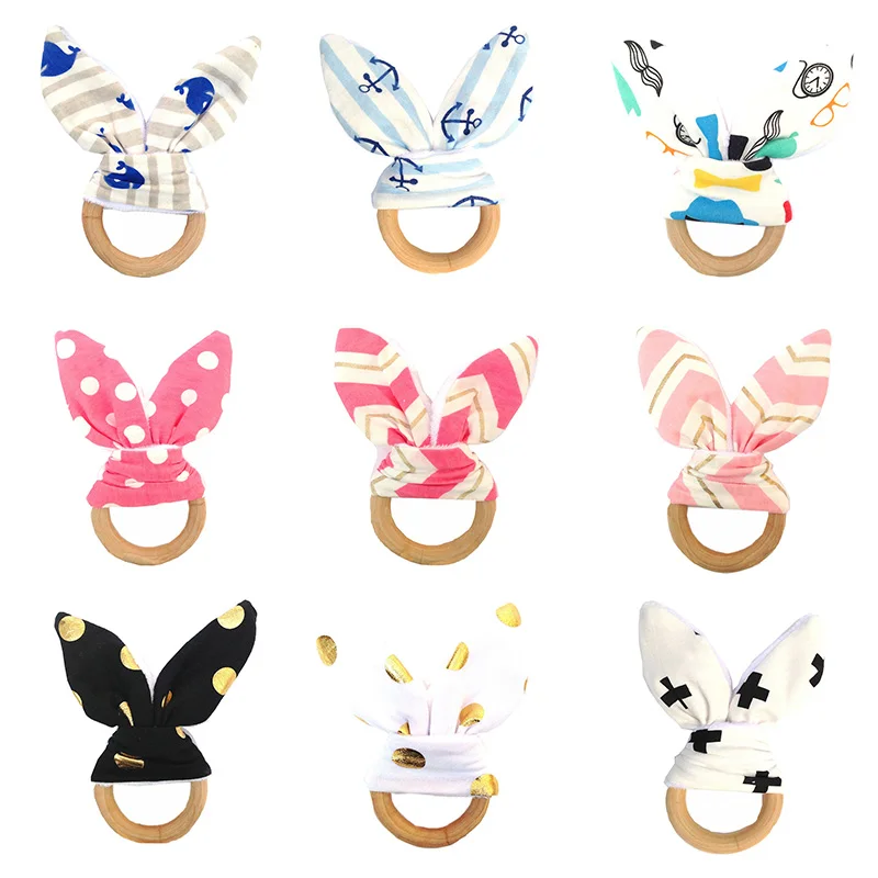 Baby Bunny Ear Teething Ring Safety Wooden Teether Fish Plaid Color Choice Newborn Chew Toy Gift Kids Care Accessories NBB0255