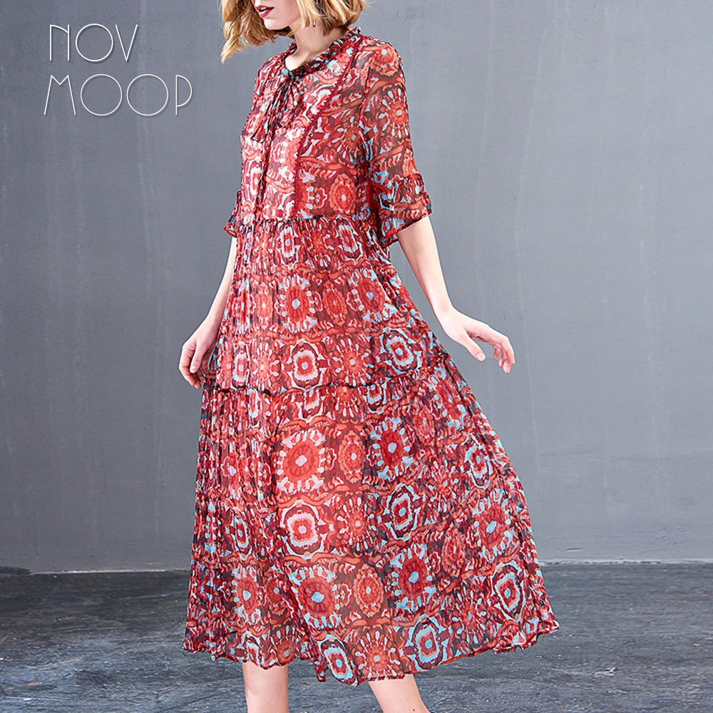 Novmoop European floral printed large size half-sleeve natural silk women dress for office outdoor robe en soie natural LT2778