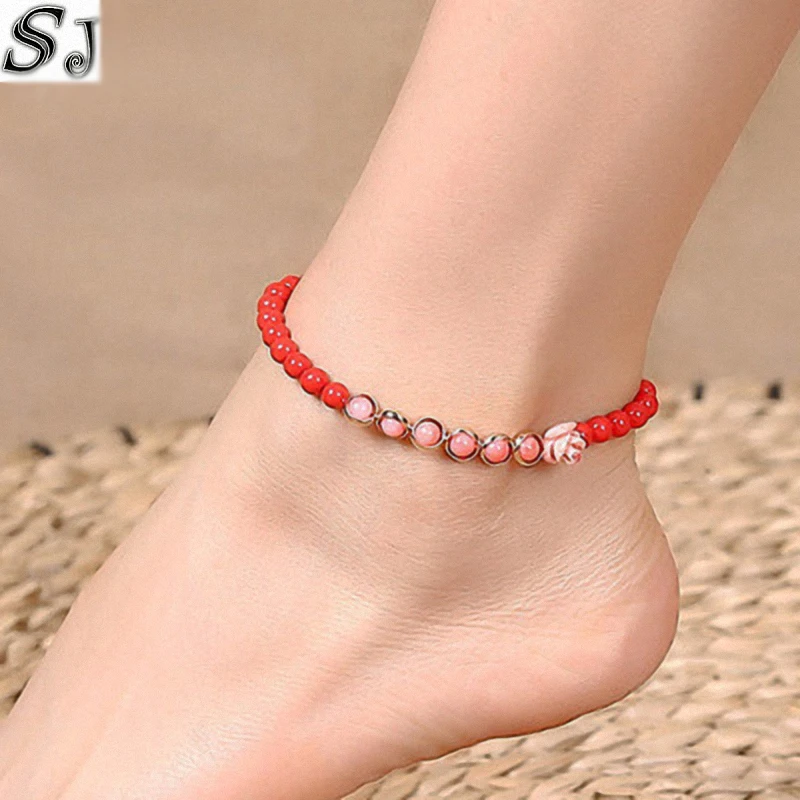 Красный киноварь + кристалл лотос ножной браслет женский сексуальный