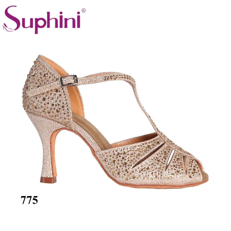 Gold 8cm heel ; обувь для социальных танцев; Suphini; обувь для латинских танцев; черные блестящие туфли с синими стразами; обувь для сальсы - Цвет: Gold 8cm heel