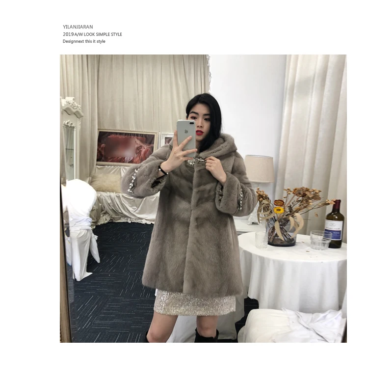 Новинка, Женская норковая шуба, Длинная тонкая Шуба с шапкой, сохраняющая тепло, с длинным рукавом, солнечный цвет, скидка, мода