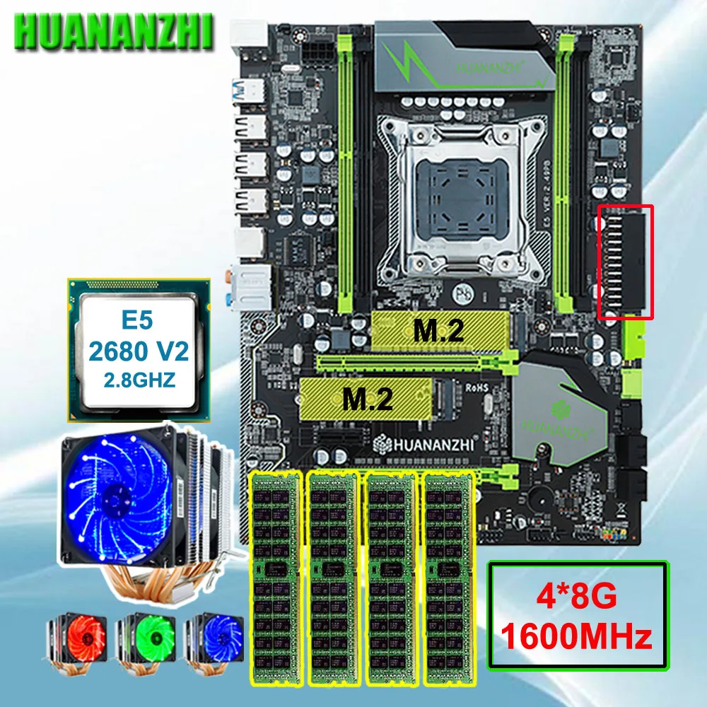 Скидка HUANANZHI X79 Pro Материнская плата связки(bundle) бренд материнской платы с двойной M.2 слот Процессор Xeon E5 2680 V2 с охладитель Оперативная память 32G(4*8G