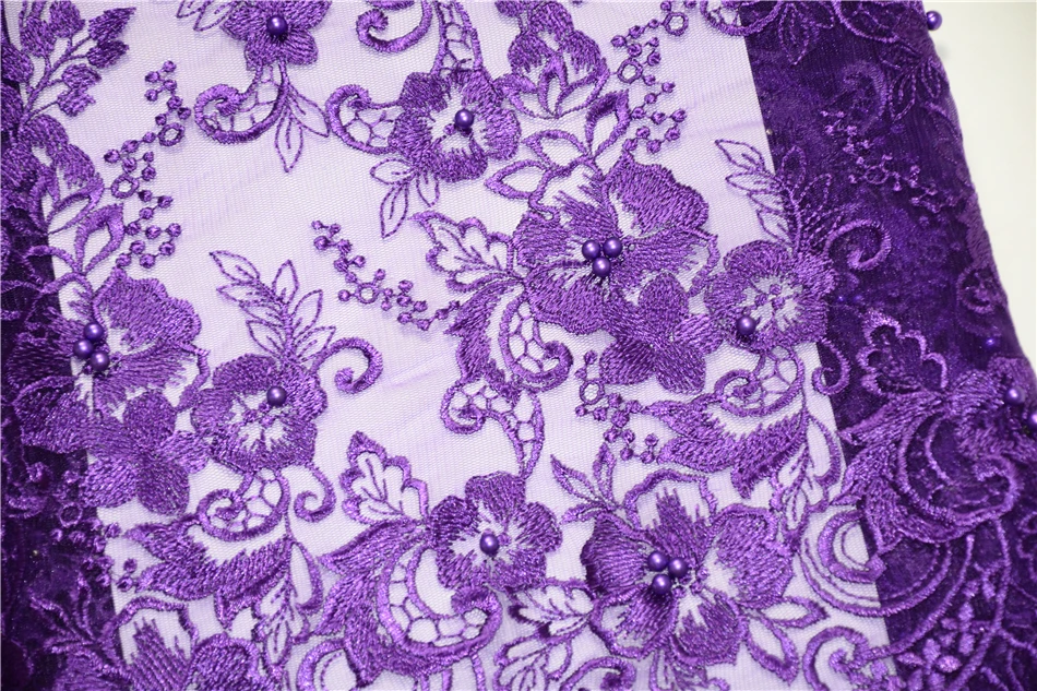 Purple African french lace fabric with beads and stones mesh tulle high quality nigerian fabrics for wedding 2018 5yard/lot | Дом и сад