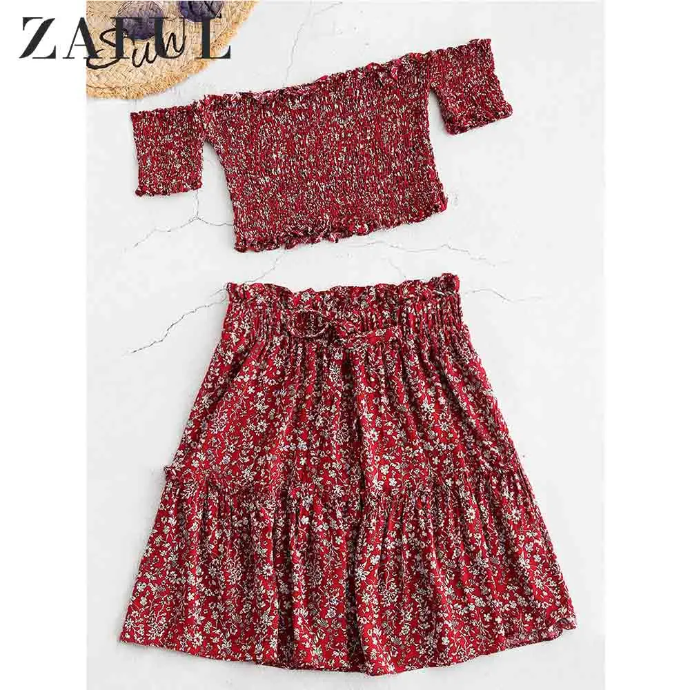 ZAFUL Smocked Floral Print Top And Skirt Women Set Clothing Summer Off The Shoulder Short Sleeves Ruffles Crop Skirts Suit |