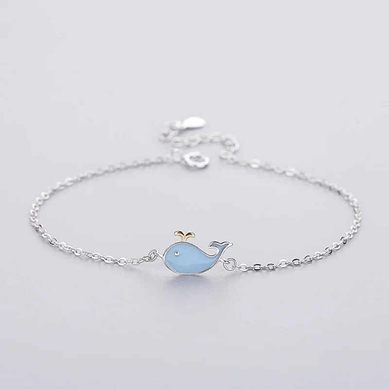 Женский серебряный браслет регулируемый с голубым дельфином | Украшения и