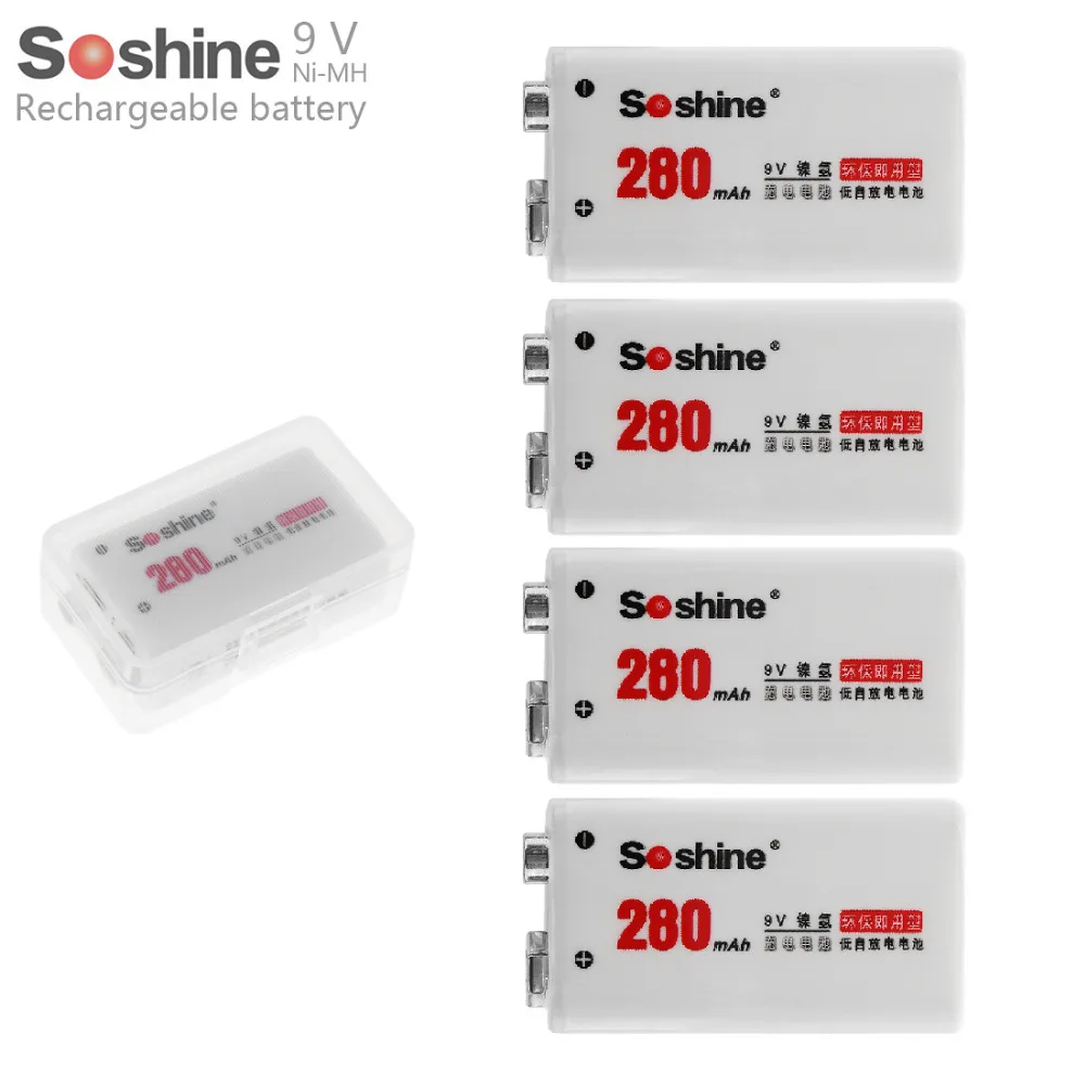 4pcs/set Soshine 9V 6LR61 6F22 280mAh Ni MH Rechargeable Battery + Portable Box for Microphones / Instruments Meters| |
