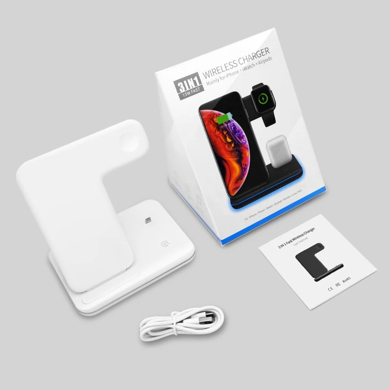 

3 in 1 Qi Wireless Charger Stand 15W Fast Charging Dock Station For Airpods Huawei Iphone X 8 xr Xiaomi Watch 4 3 2 1 charge