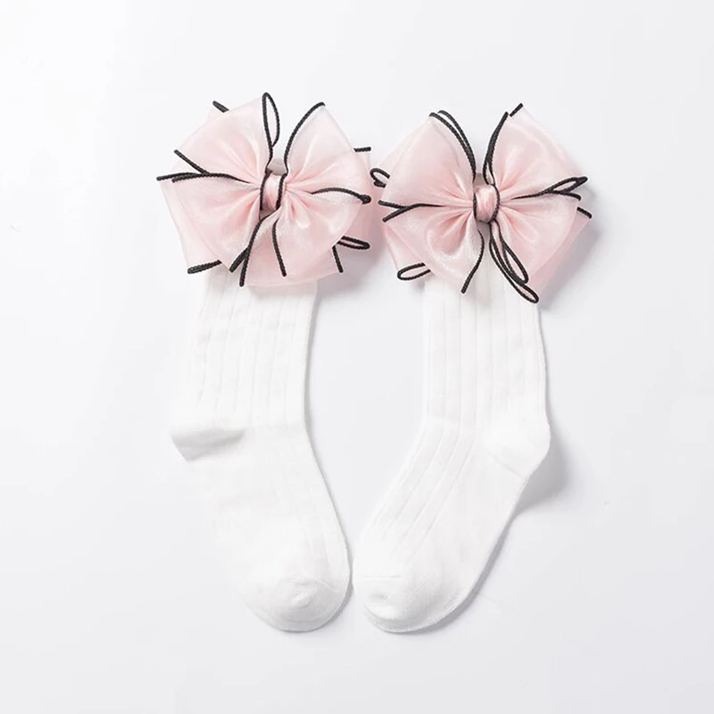 Calcetines con lazos para ni&ntilde;as, medias largas hasta la rodilla de algod&oacute;n, Color caramelo-4
