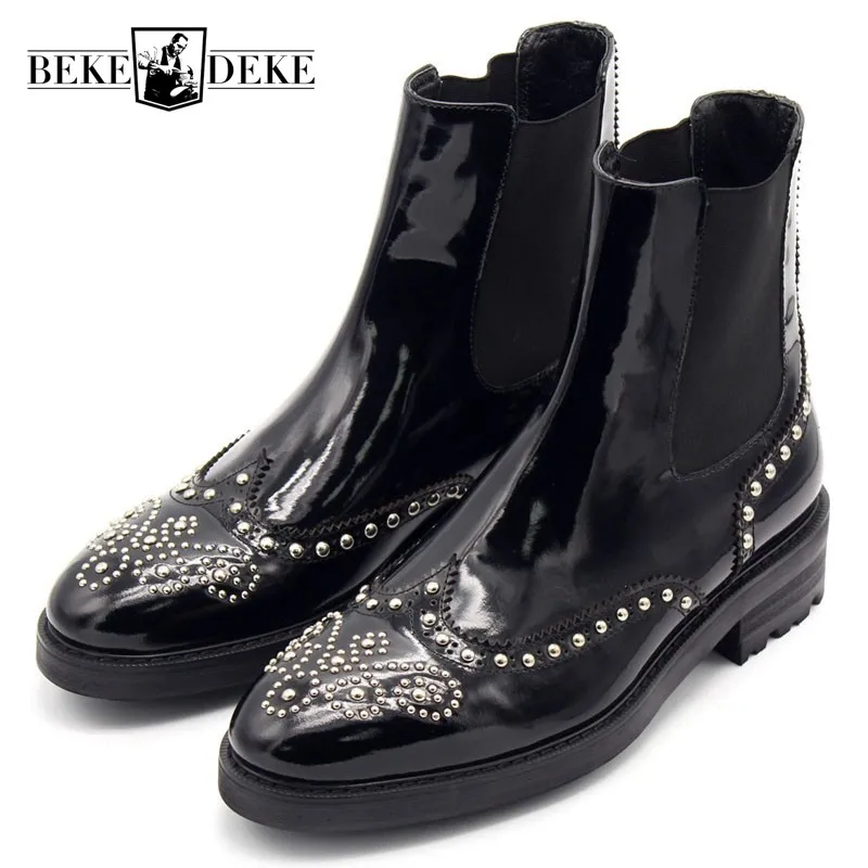 Мужские ботильоны с резными заклепками черные ботинки из натуральной кожи на