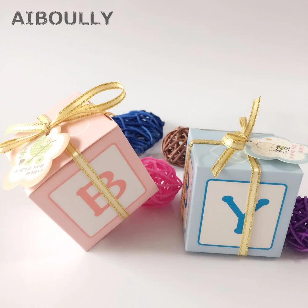 50pcs/pack DIY Pink Blue Lovely Shower Baby Candy Box Letter BABY Printed Gift Golden Ribbon Card for Kids Party Christmas|cards kids|card cardcard