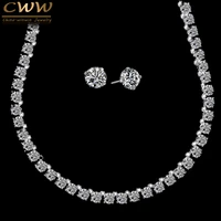 cwwzircons stunning big carat round cz crystal necklace and earrings luxury bridal party jewelry set for wedding evening t061