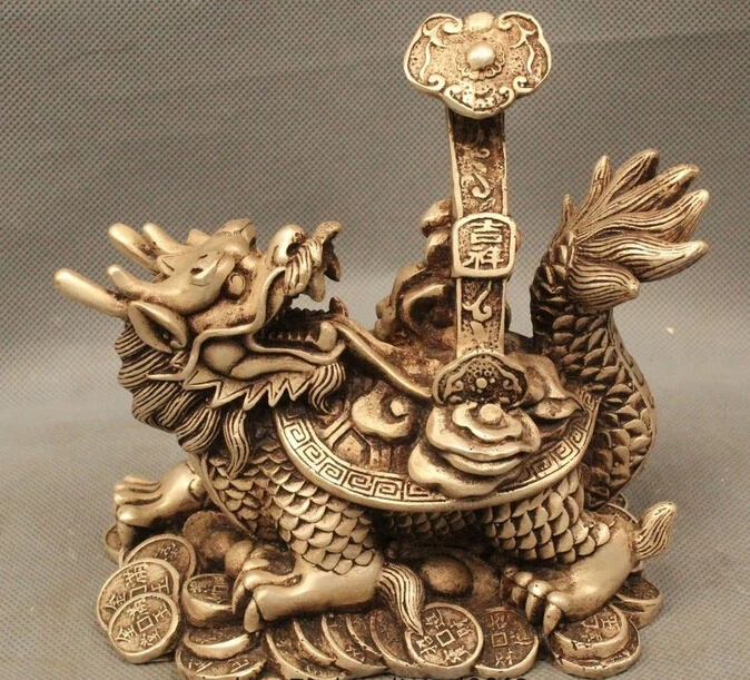 Lucky Chinese Fengshui Silver Money Coin Dragon Turtle tortoise Hold Ruyi Statue|statue woman|coin trickcoin stock |