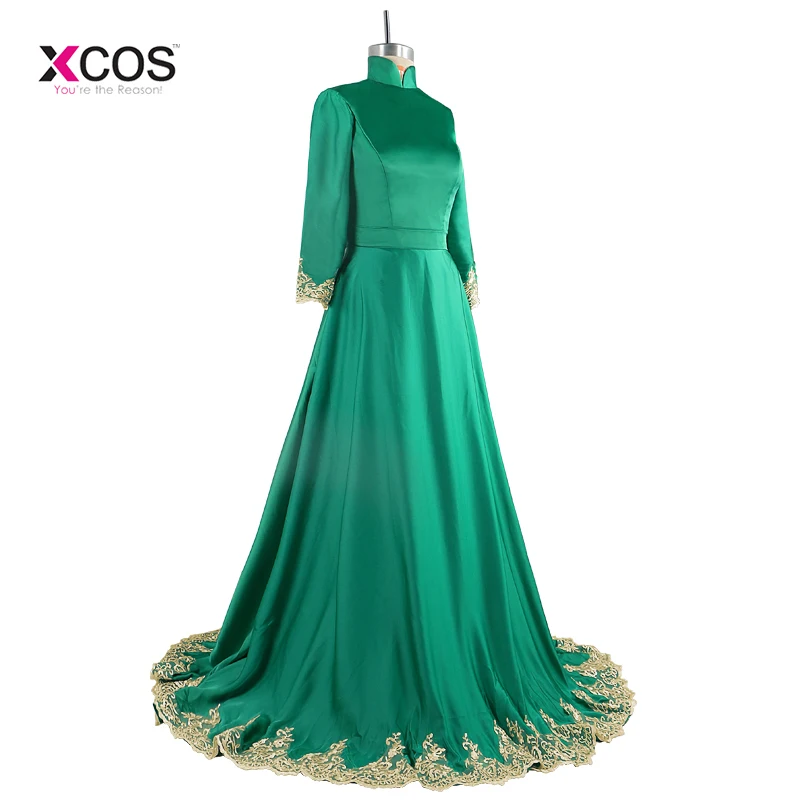 Зеленый мусульманское с высоким воротником длинными рукавами вечернее платье 2018