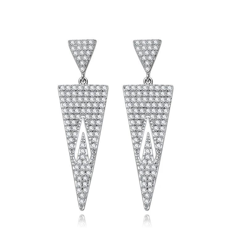 Длинные серьги-подвески с фианитами класса ААА геометрические треугольные