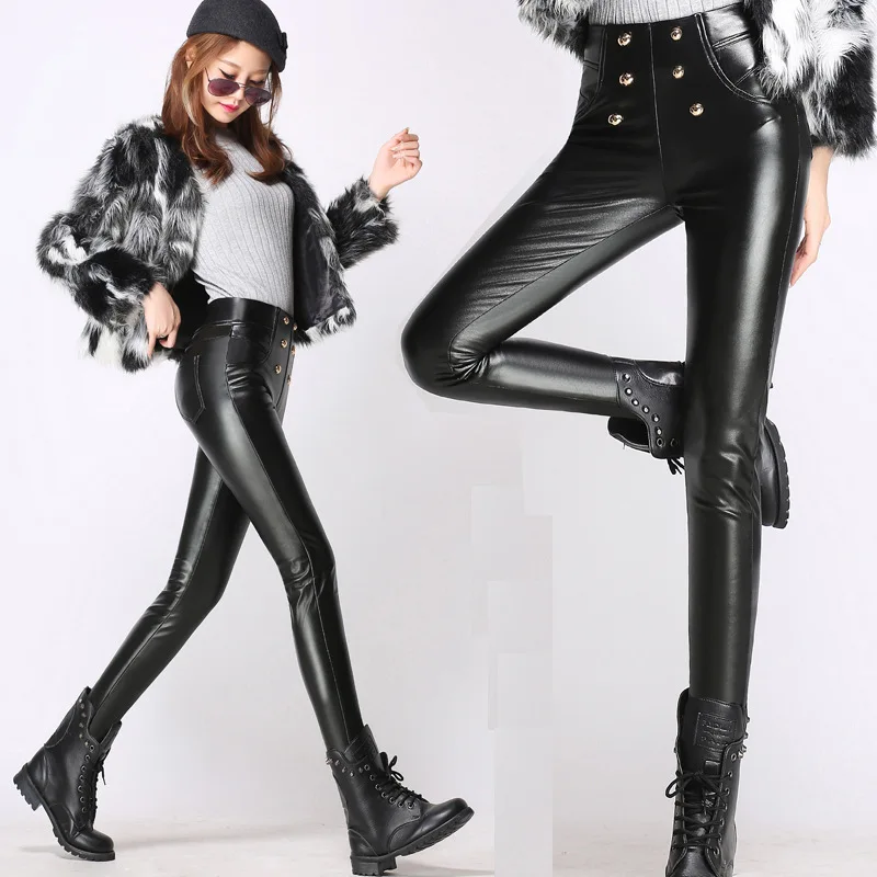 

2018 autumn and winter Korean women's trousers slim Small feet waist fashion faux leather pu tight stretch leather pants JQ296