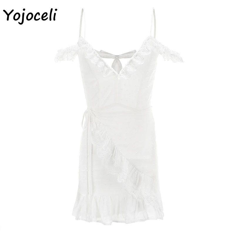 Белый Yojoceli, сексуальное кружевное платье, вязаное крючком,, летнее, сексуальное, с запахом, кружевное платье, бохо, Пляжное, вечерние, на бретелях, сарафан - Цвет: Белый