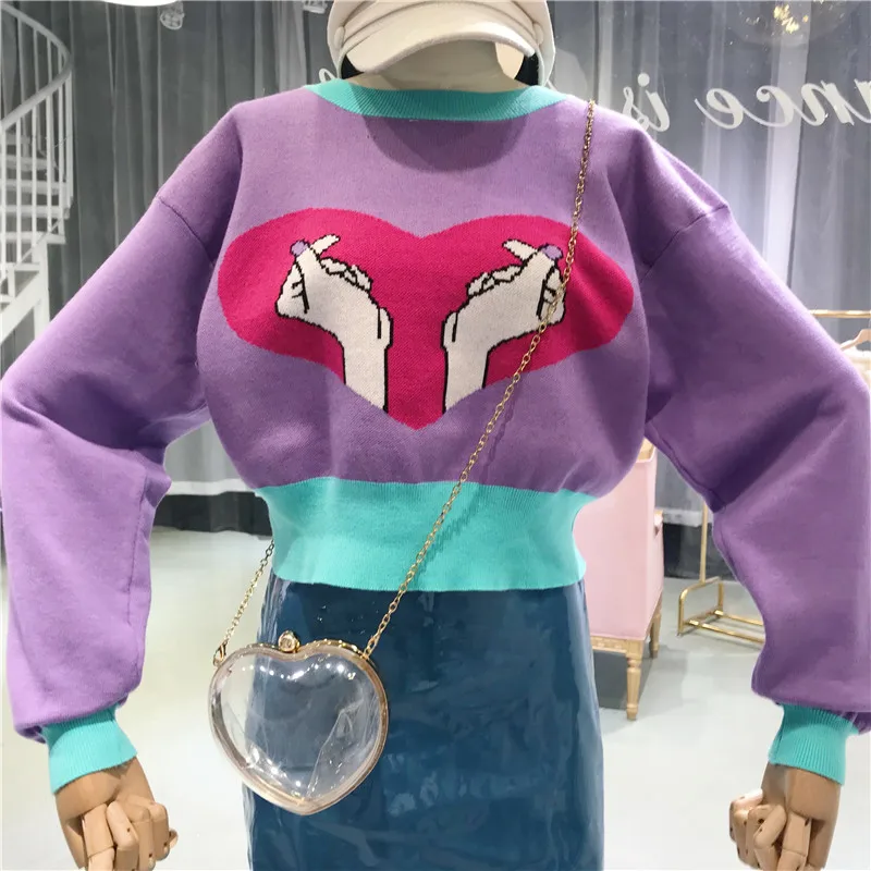 2018 Autumn Winter Fashion Streetwear Korean Style Colors Contrast Send Love Sweater Women Jumper Pullovers Sweaters | Женская одежда