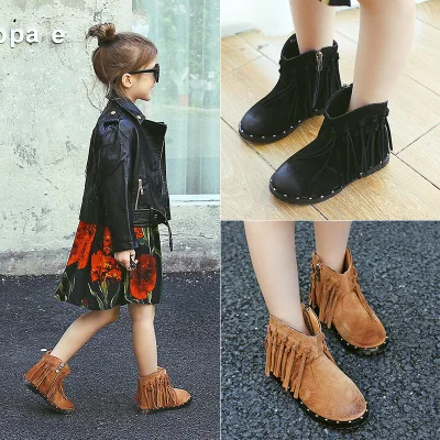 

2019 new autumn and winter girls Korean tassel shorts boots kids fashion soft sole boots children snow boots girls leather boots