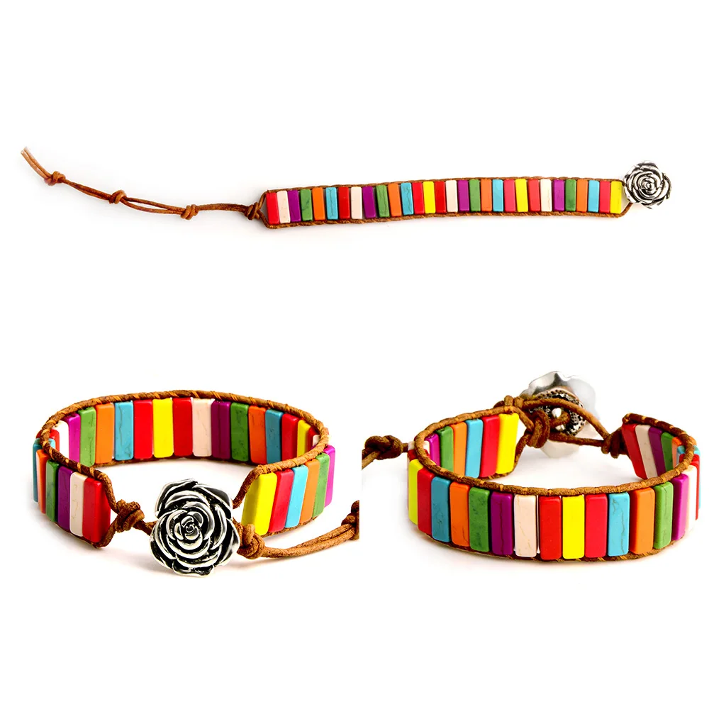 Handmade Bohemia Bracelet Stone Tube Beads Genuine Leather Yoga Strand flower For Women | Украшения и аксессуары