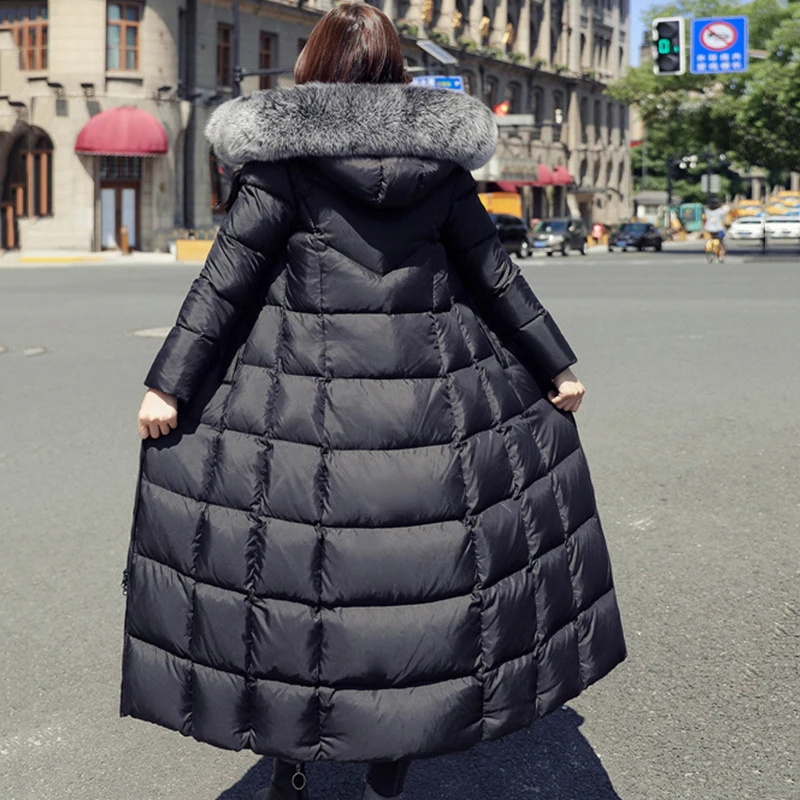 30 Degree Women Winter Coat Snow Wear Large Fur Collar Super Long Down Parkas White Duck Down Thick Warm Female Outwear Coat