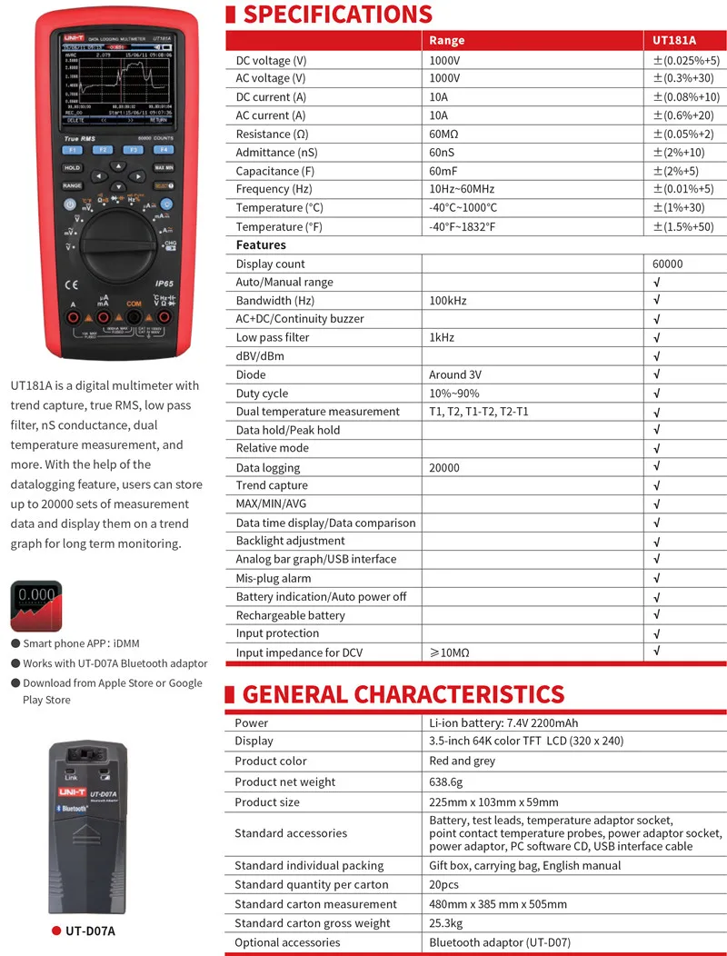 UNI-T UT181A True RMS Datalogging мультиметр; IP65 Водонепроницаемый/Пылезащитный/фильтр низких частот/измерение температуры/передача данных