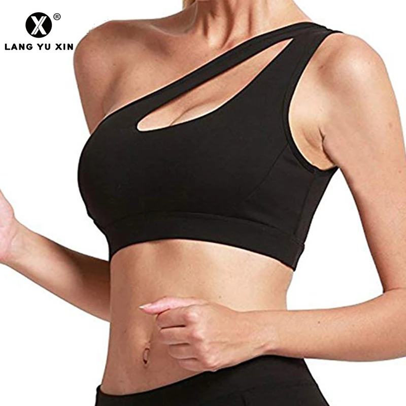 PLCPAY, женский спортивный бюстгальтер с подкладкой, ударопрочный бюстгальтер для занятий йогой, фитнесом, женский спортивный топ, женская одежда для активного отдыха, бюстгальтер на одно плечо для бега
