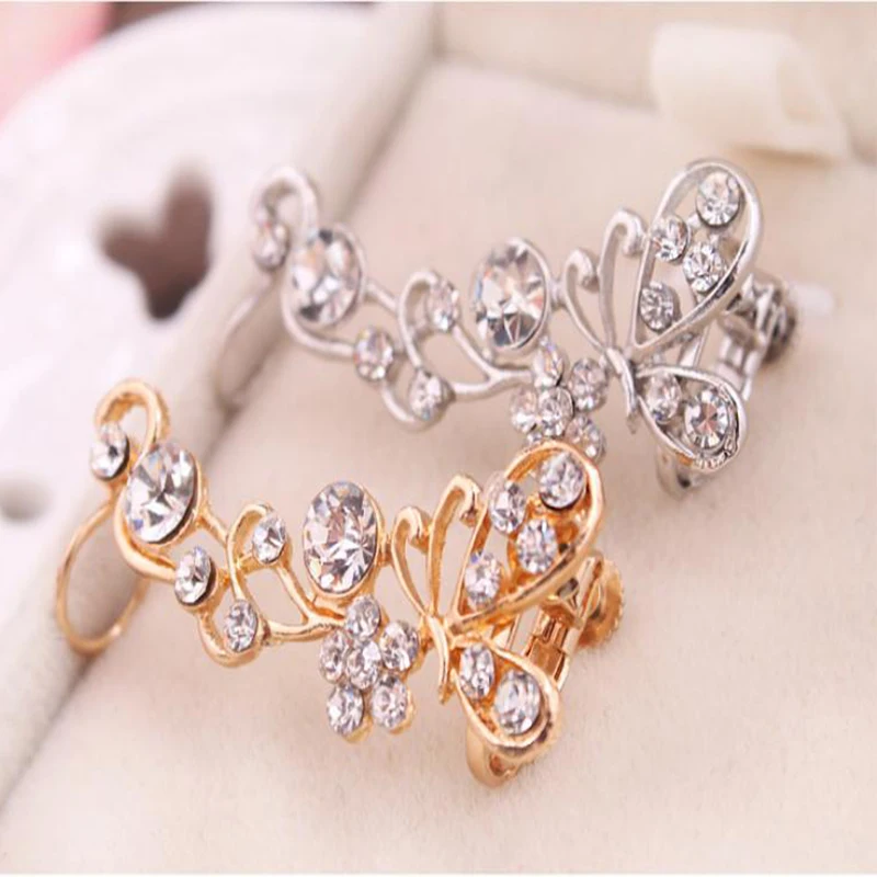 Хит модных продаж Серьги клипсы со стразами и бабочкой в форме U Клипсы из