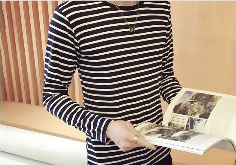 2019 Men T Shirt Fashion Long Sleeve Slim Fit Striped Tops Black White O-Neck Male T-Shirt Tee Plus Size Tshirt Homme | Мужская одежда
