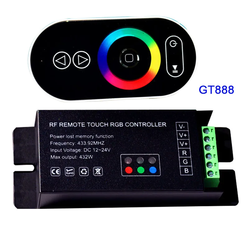 

Wholesale 1 pcs DC12-24V 6Ax3channel 18A led dimmer GT888 RF remote touch RGB led controller for 5050 RGB led strip lights
