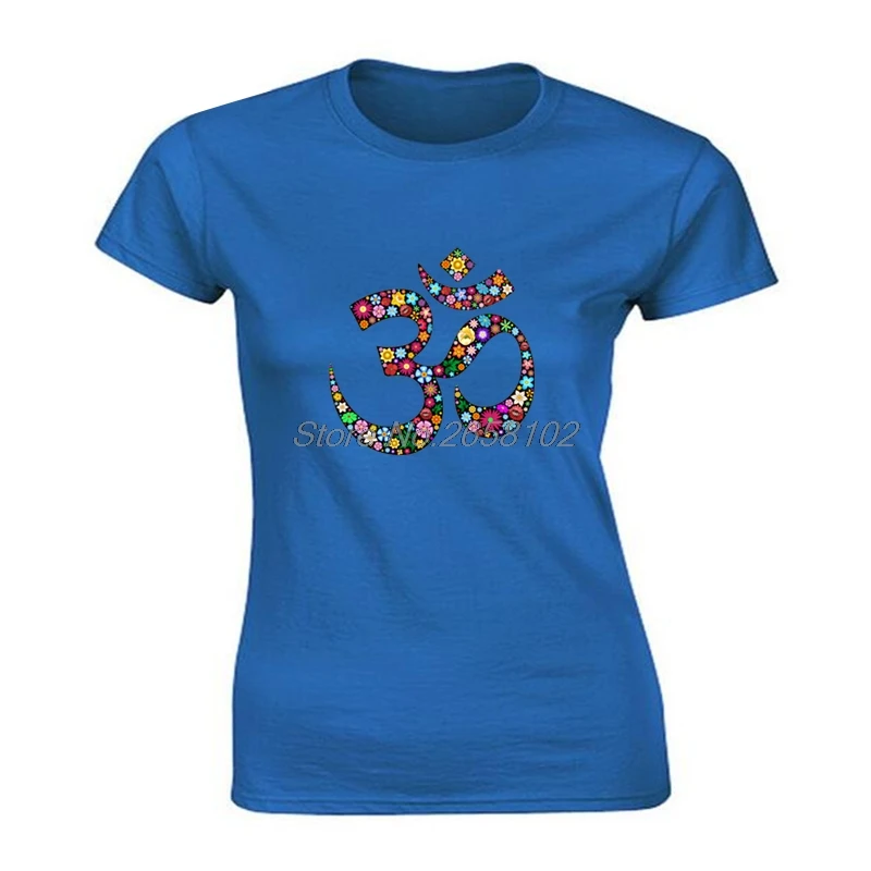 blue Art Design namaste OM футболка с цветочным принтом и символом Женская хлопковая футболка с коротким рукавом подарок хип-хоп футболки Топы Harajuku уличная фитнес - Цвет: blue