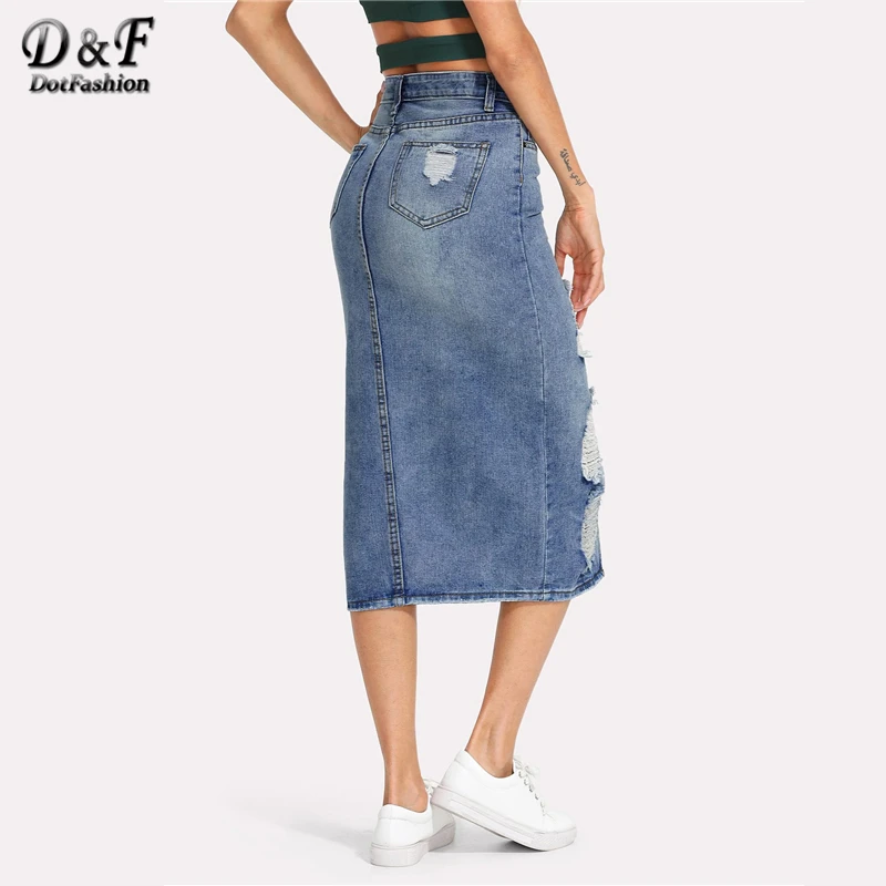 Dotfashion синяя джинсовая юбка с разрезом спереди, Женская Повседневная, уличная Весенняя летняя Женская корейская модная юбка
