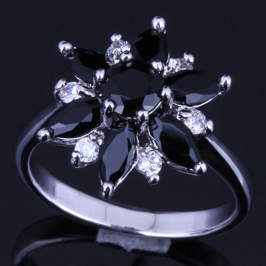 

Glamorous Star Black Cubic Zirconia White CZ Silver Plated Ring V0139