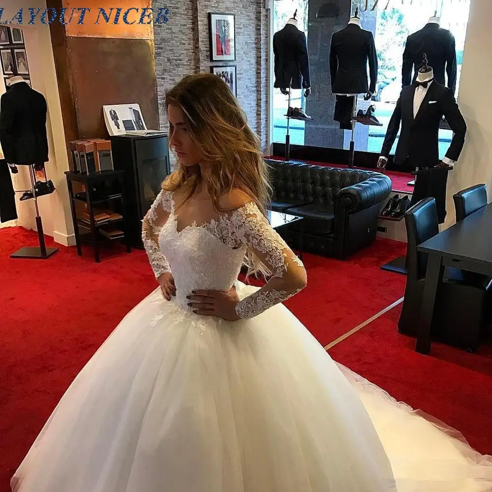 

Off the Shoulder Long Sleeves Ball Gown Wedding Dress with Beads Sequins Puffy Wedding Gown Corset Back Modest Vestido de Noiva