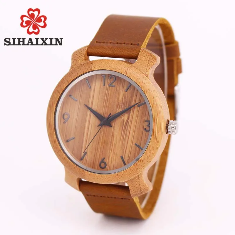 SIHAIXINwholesale ретро мужчин деревянные часы де бамбука кожаный ремешок Кварцевые