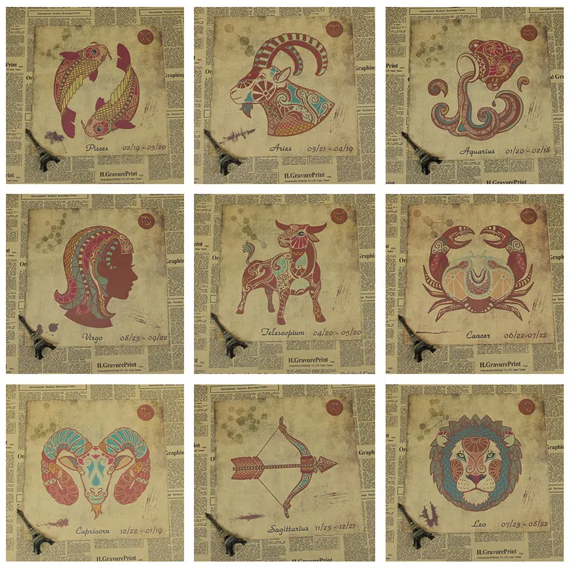 Винтажный 12 двенадцати созвездия зодиака постер из крафт бумаги украшение бара