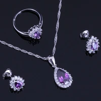 divine purple cubic zirconia white cz silver plated jewelry sets earrings pendant chain ring v0327