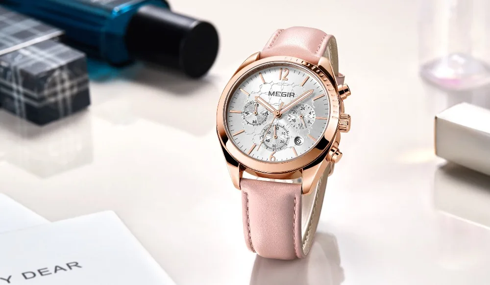 Женские кварцевые часы Megir для отдыха с кожаным ремешком водонепроницаемые на 24