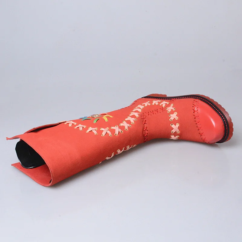 

Prova Perfetto Fashion Red Women High Boots Handmade Riding Boots Ladies Flat Snow Botas Mujer Platform Rubber Shoes Woman