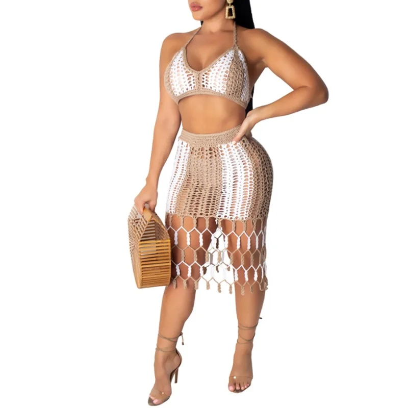 2PCS/SET Beach Cover ups New Crochet Top+Tassel Skirts Hollow Out Bikini Swimsuit Bathing suit cover ups Beachwear