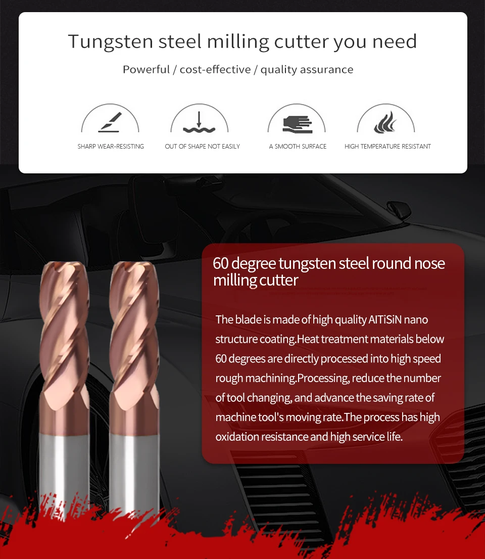 Augusttools Fresa cnc HRC60 4 Флейта концевая мельница сплав Карбид фрезерные инструменты Вольфрамовая сталь Фрезерный резак угловая закругленная Концевая мельница