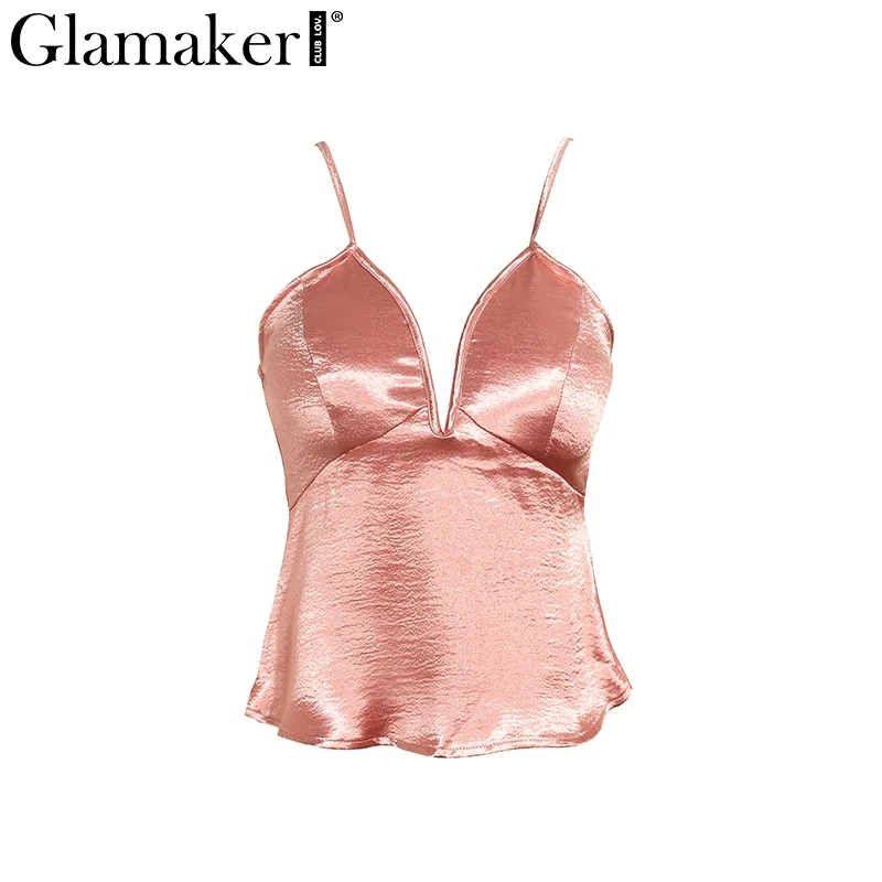 Glamaker, роскошный атласный сексуальный топ на бретелях, женская одежда, для пляжа, фитнеса, Летний Топ для женщин, v-образный вырез, Клубные, вечерние,, camisoles& tanks cami - Цвет: Bare pink