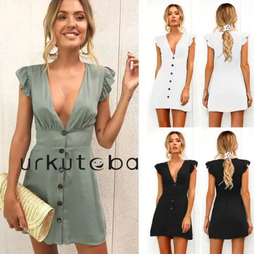 

Women Deep V-neck Petal Sleeve Blouse Party Evening Short Mini Dress