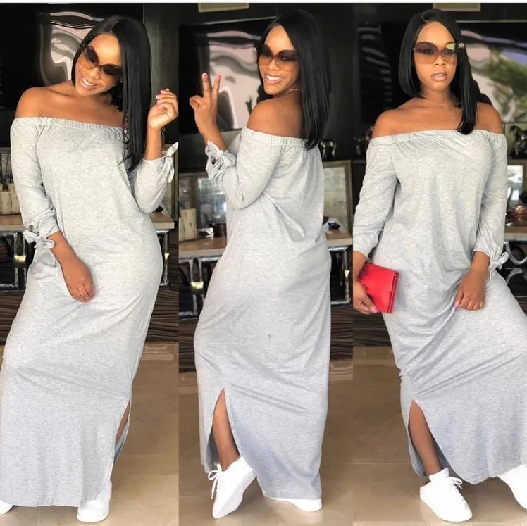Женское длинное платье с открытыми плечами и вырезом лодочкой свободное модное