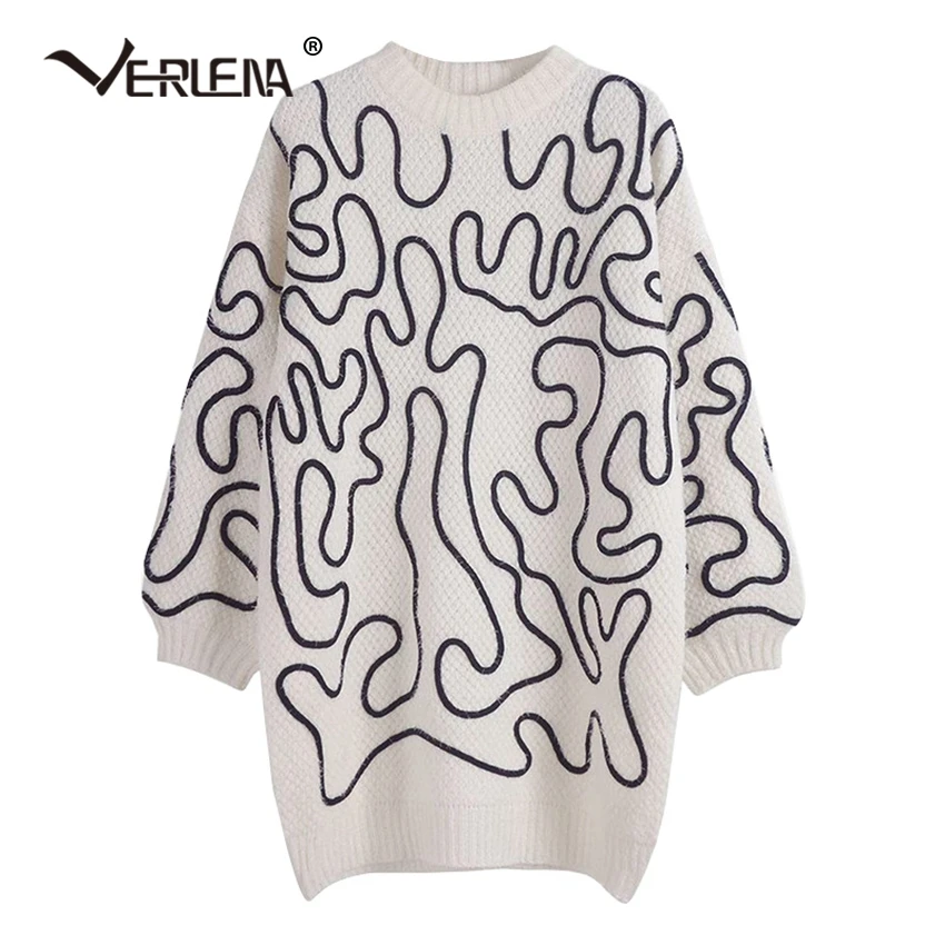 Verlena Loose Fluffy Jumper Long Wide Sleeve Streetwear Winter Sweater Dress Women 2019 Abstract Pattern Sweaters Pullover | Женская
