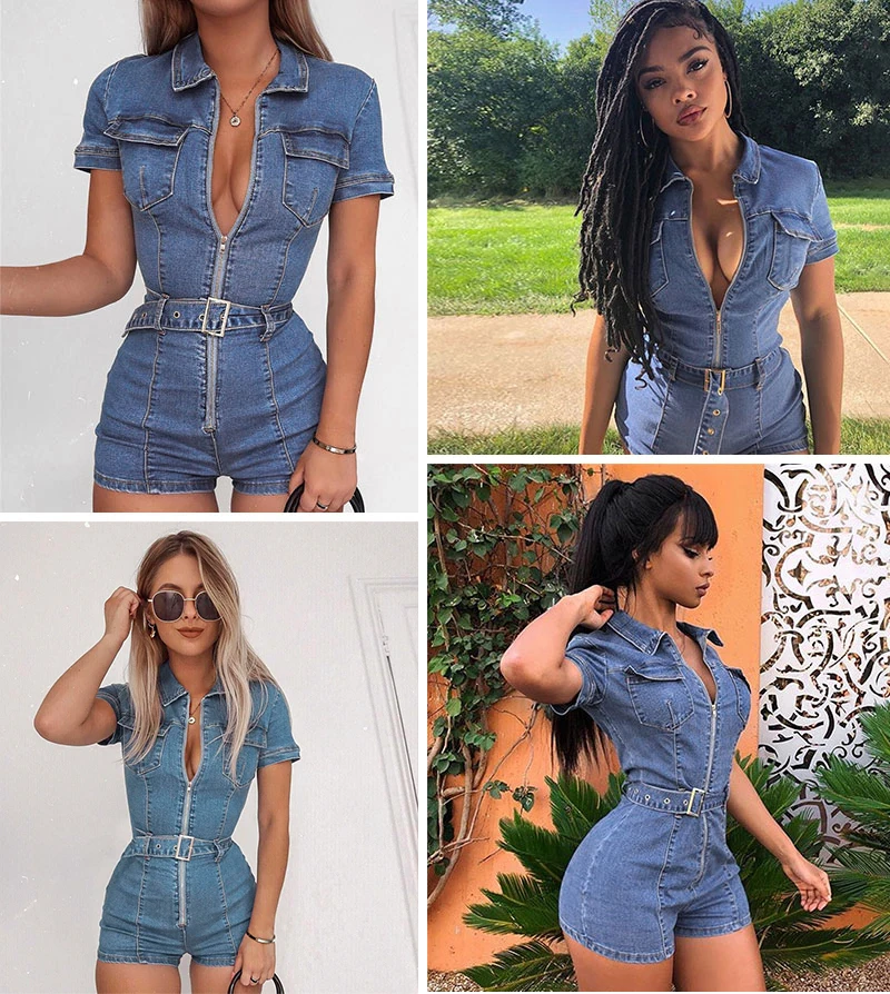MissyChilli, сексуальный джинсовый комбинезон с поясом, для офиса, для женщин, на молнии, синий, летний повседневный комбинезон, для женщин, модные, вечерние, для клуба, джинсовые комбинезоны