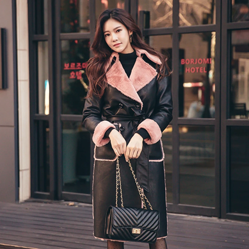 New Fashion Spring Autumn Thicken Double-breasted Long sleeves Turn-down collar Pockets Loose Coat Female Leather coat CY465 | Женская